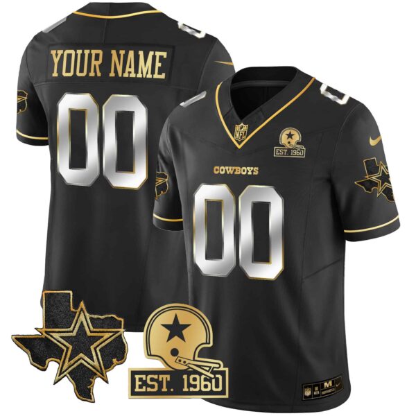 Cowboys Texas Patch Gold Vapor Custom Jersey – All Stitched – Men – Black Limited