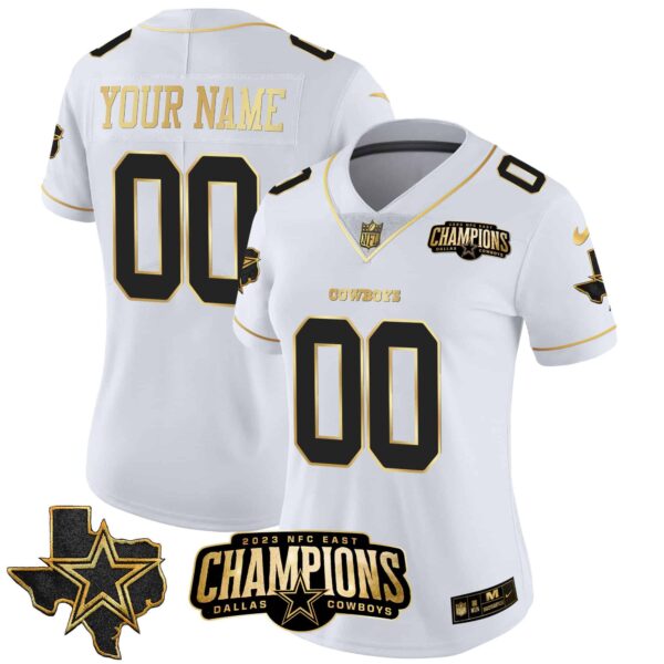 Cowboys 2023 NFC East Champions Patch Gold Vapor Custom Jersey – All Stitched – Women – White Gold