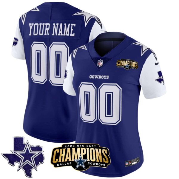 Cowboys 2023 NFC East Champions Patch Vapor Custom Jersey – All Stitched – Women – Royal
