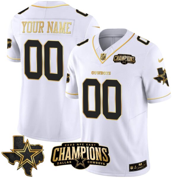 Cowboys 2023 NFC East Champions Patch Gold Vapor Custom Jersey – All Stitched – Men – White Gold