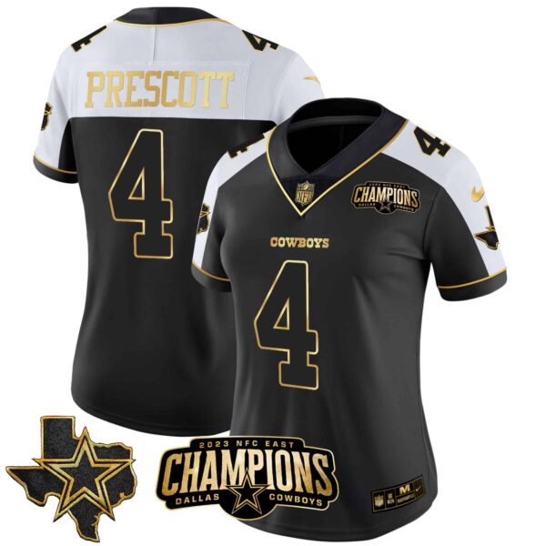 Women’s Cowboys 2023 NFC East Champions Patch Gold Vapor Jersey – All Stitched – Alternate Gold – Dak Prescott