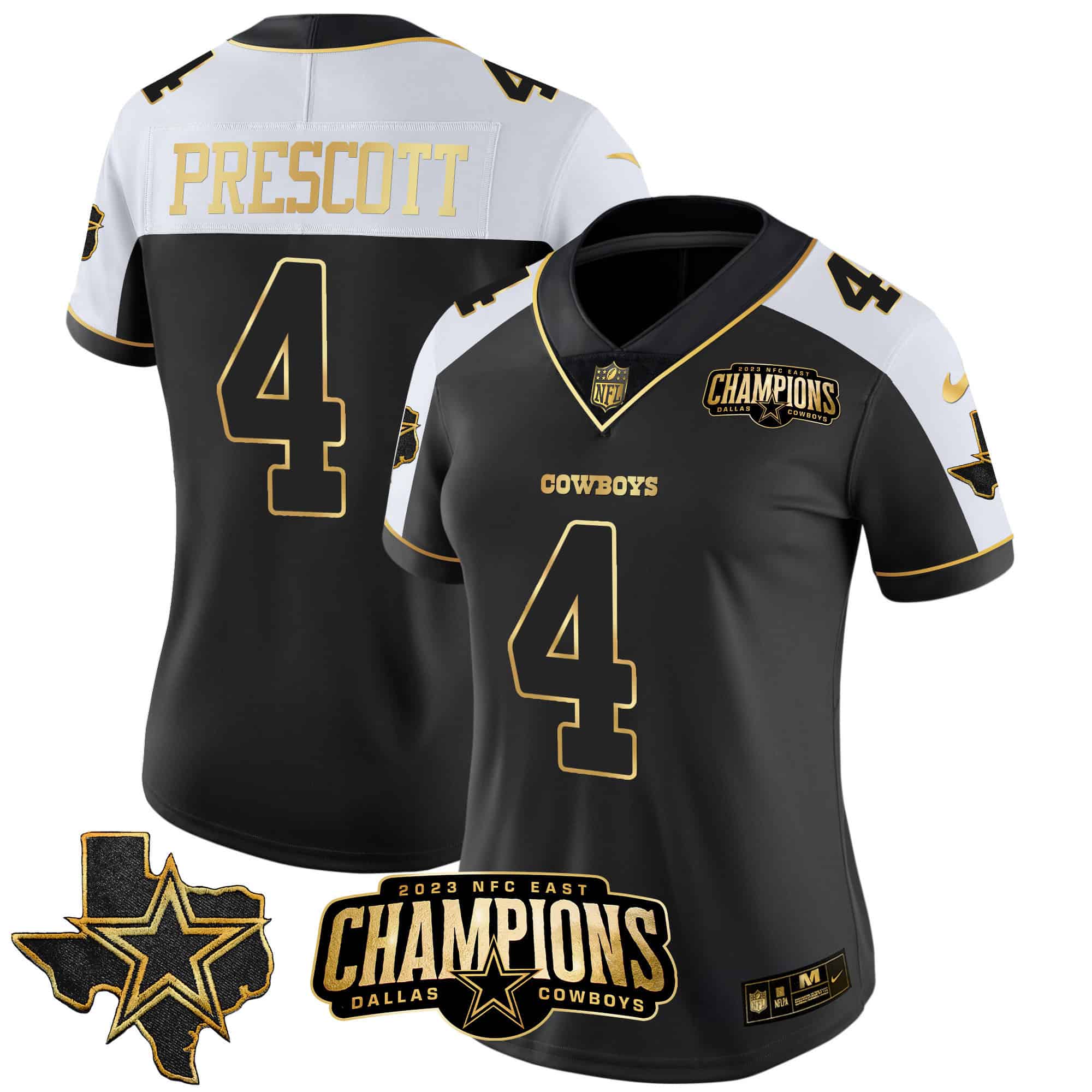 Women’s Cowboys 2023 NFC East Champions Patch Gold Vapor Jersey – All Stitched – Alternate Gold – Dak Prescott