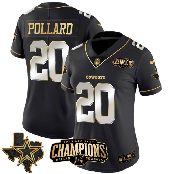 Women’s Cowboys 2023 NFC East Champions Patch Gold Vapor Jersey – All Stitched – Black Limited – Tony Pollard