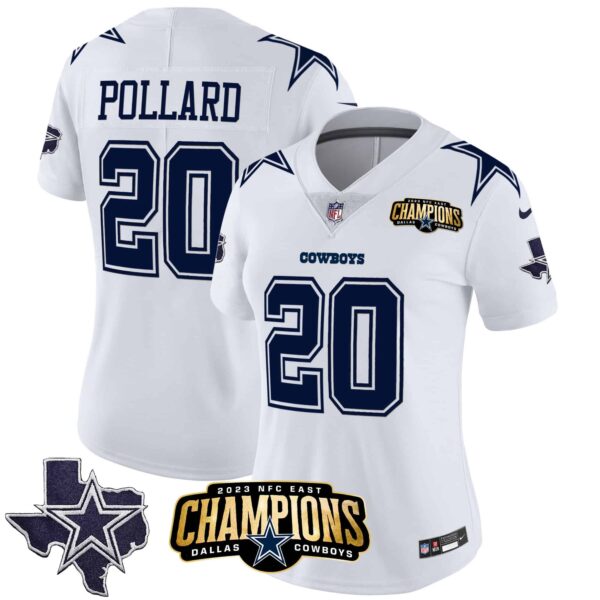 Women’s Cowboys 2023 NFC East Champions Patch Vapor Jersey – All Stitched – White – Tony Pollard