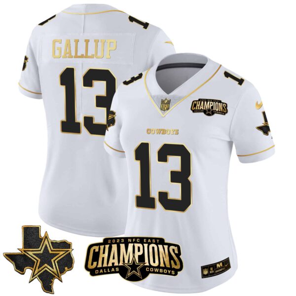 Women’s Cowboys 2023 NFC East Champions Patch Gold Vapor Jersey – All Stitched – White Gold – Michael Gallup
