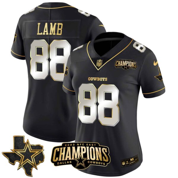Women’s Cowboys 2023 NFC East Champions Patch Gold Vapor Jersey – All Stitched – Black Limited – CeeDee Lamb