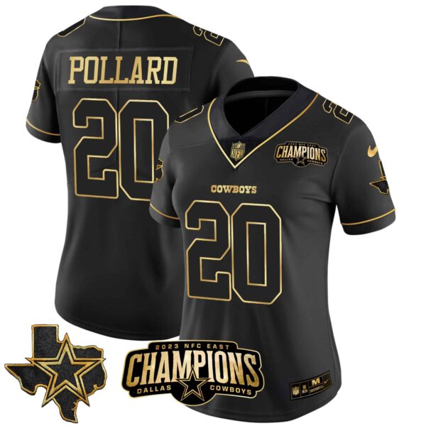 Women’s Cowboys 2023 NFC East Champions Patch Gold Vapor Jersey – All Stitched – Black Gold – Tony Pollard