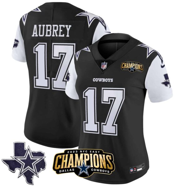 Women’s Cowboys 2023 NFC East Champions Patch Vapor Jersey – All Stitched – Black – Brandon Aubrey