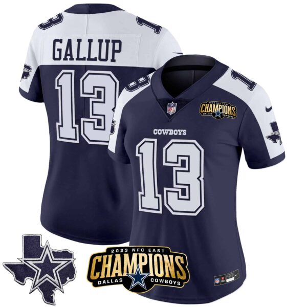 Women’s Cowboys 2023 NFC East Champions Patch Vapor Jersey – All Stitched – Alternate Navy – Michael Gallup
