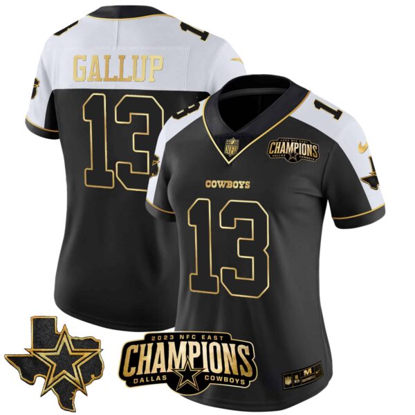 Women’s Cowboys 2023 NFC East Champions Patch Gold Vapor Jersey – All Stitched – Alternate Gold – Michael Gallup