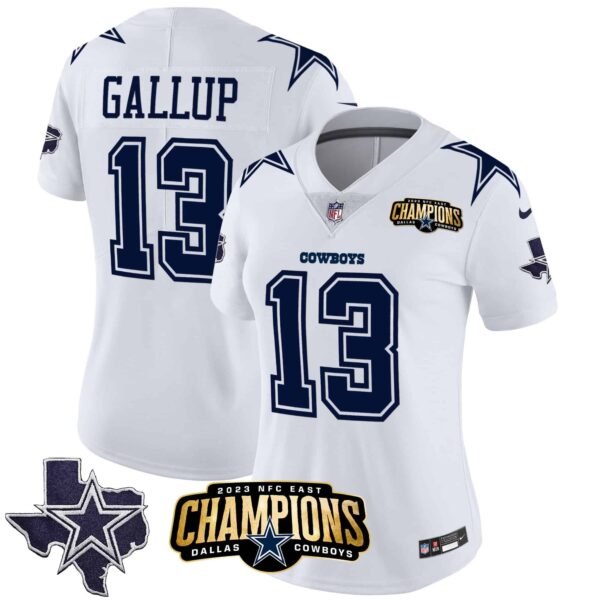Women’s Cowboys 2023 NFC East Champions Patch Vapor Jersey – All Stitched – White – Michael Gallup