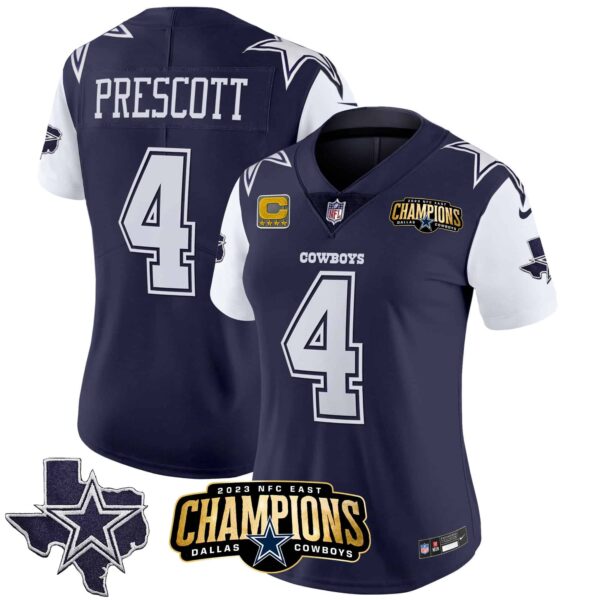 Women’s Cowboys 2023 NFC East Champions Patch Vapor Jersey – All Stitched – Navy – Dak Prescott
