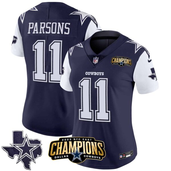 Women’s Cowboys 2023 NFC East Champions Patch Vapor Jersey – All Stitched – Navy – Micah Parsons