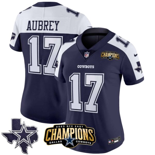 Women’s Cowboys 2023 NFC East Champions Patch Vapor Jersey – All Stitched – Alternate Navy – Brandon Aubrey