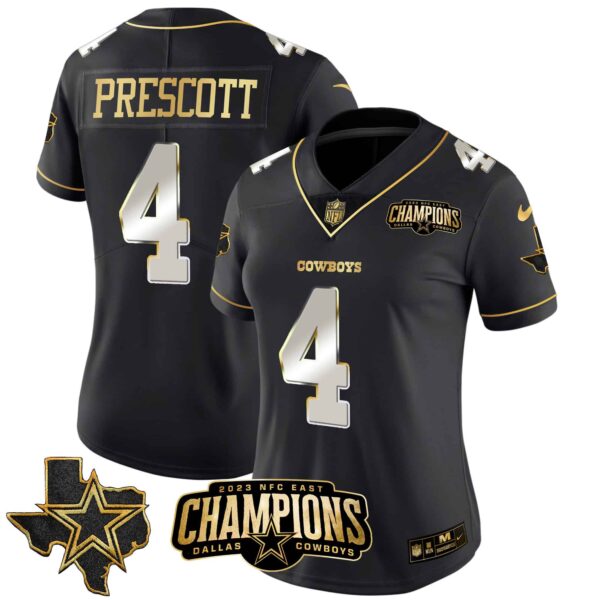 Women’s Cowboys 2023 NFC East Champions Patch Gold Vapor Jersey – All Stitched – Black Limited – Dak Prescott