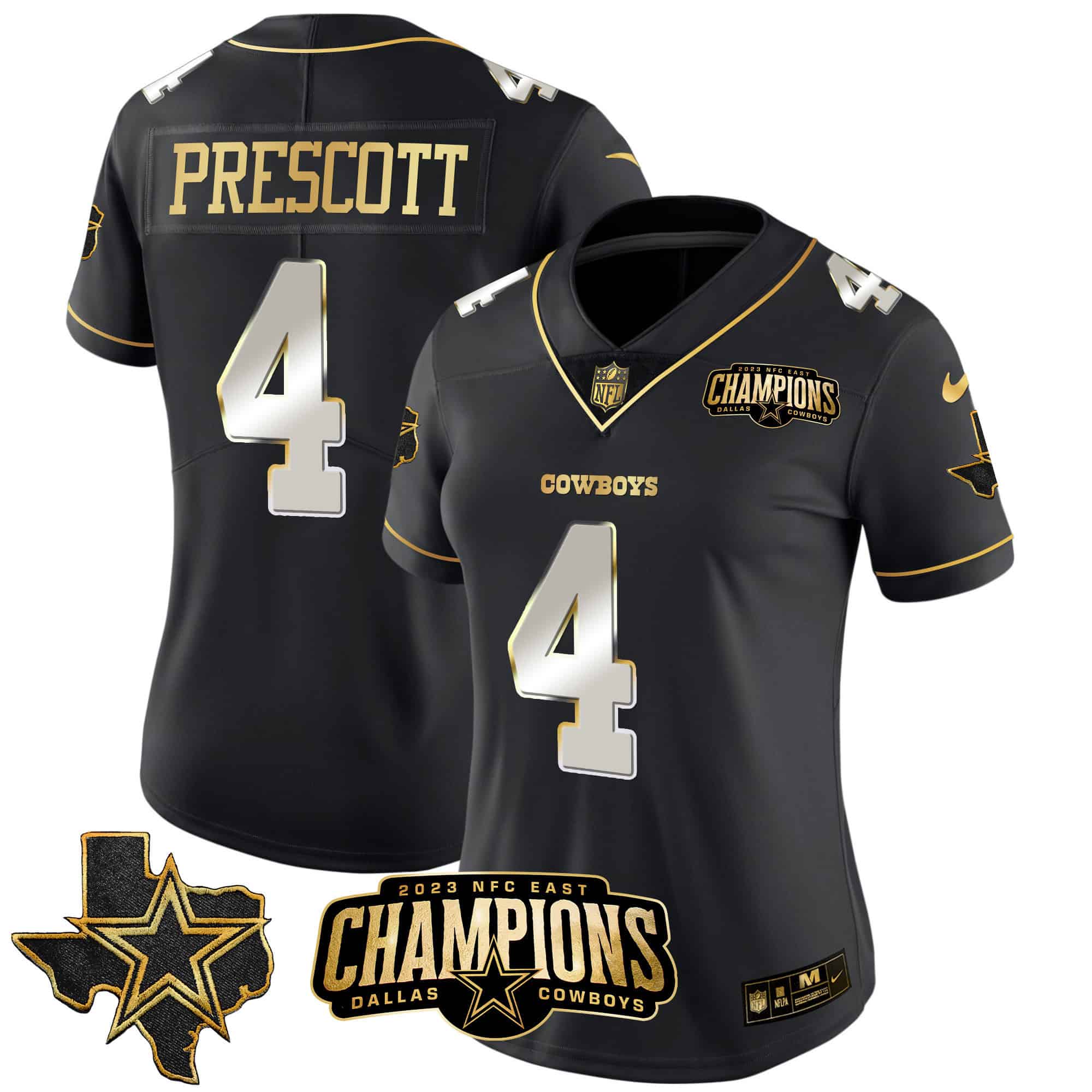 Women’s Cowboys 2023 NFC East Champions Patch Gold Vapor Jersey – All Stitched – Black Limited – Dak Prescott