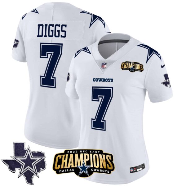 Women’s Cowboys 2023 NFC East Champions Patch Vapor Jersey – All Stitched – White – Trevon Diggs