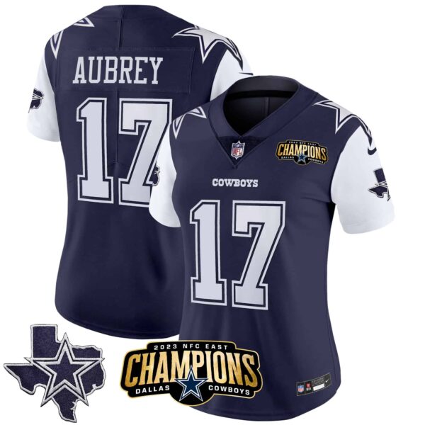 Women’s Cowboys 2023 NFC East Champions Patch Vapor Jersey – All Stitched – Navy – Brandon Aubrey