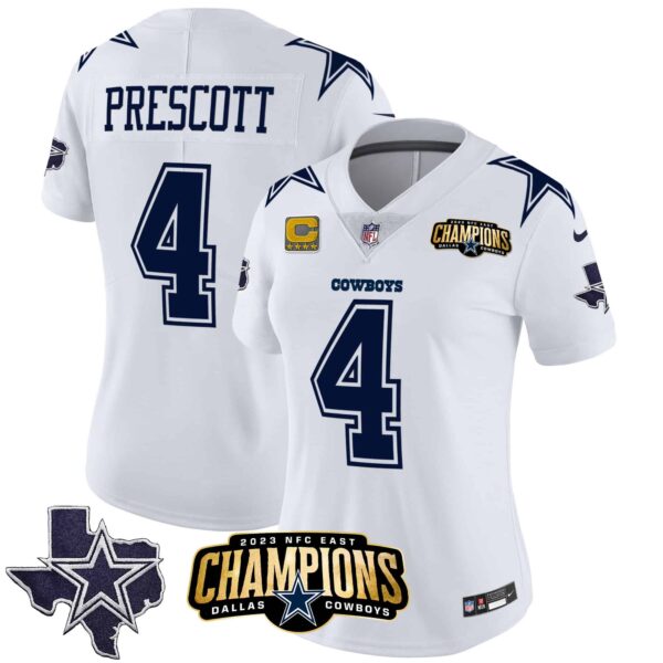Women’s Cowboys 2023 NFC East Champions Patch Vapor Jersey – All Stitched – White – Dak Prescott