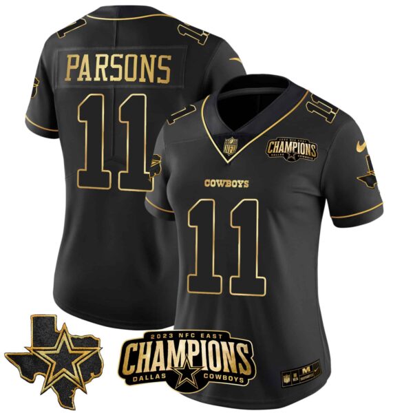 Women’s Cowboys 2023 NFC East Champions Patch Gold Vapor Jersey – All Stitched – Black Gold – Micah Parsons