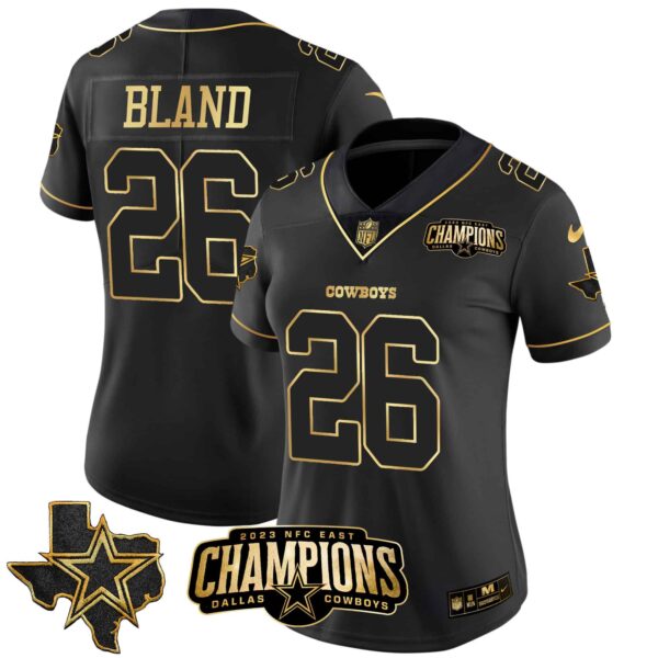Women’s Cowboys 2023 NFC East Champions Patch Gold Vapor Jersey – All Stitched – Black Gold – DaRon Bland