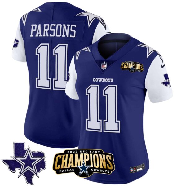 Women’s Cowboys 2023 NFC East Champions Patch Vapor Jersey – All Stitched – Royal – Micah Parsons