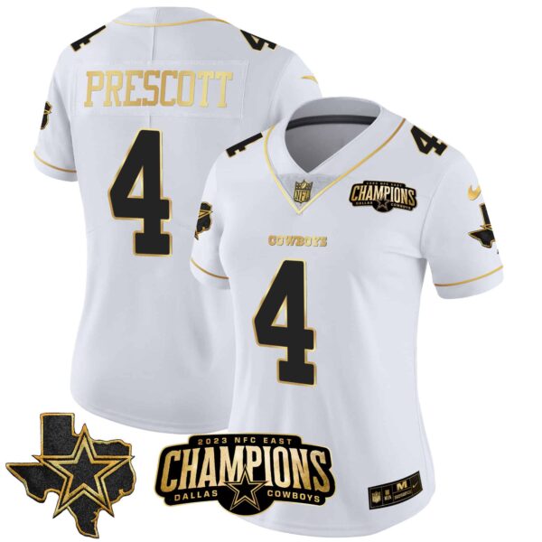 Women’s Cowboys 2023 NFC East Champions Patch Gold Vapor Jersey – All Stitched – White Gold – Dak Prescott