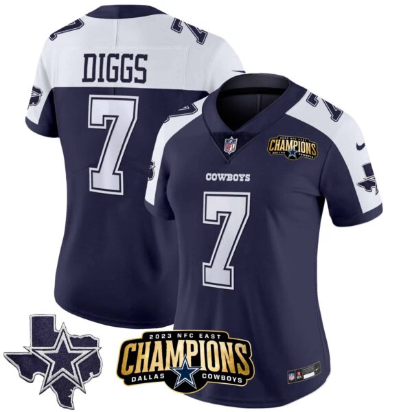 Women’s Cowboys 2023 NFC East Champions Patch Vapor Jersey – All Stitched – Alternate Navy – Trevon Diggs