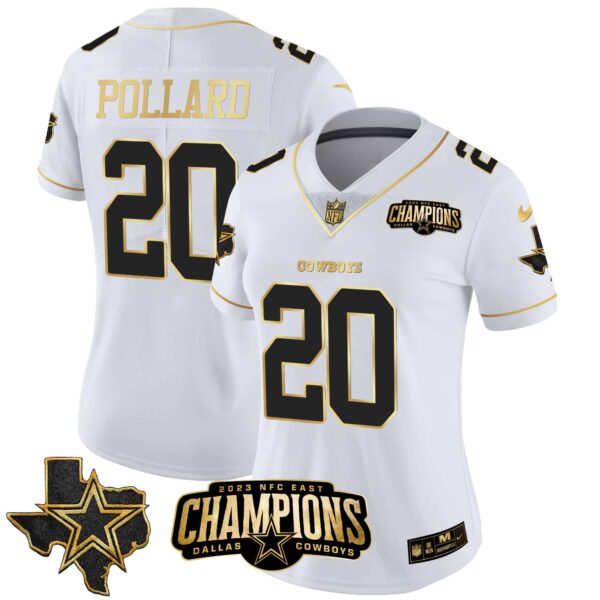 Women’s Cowboys 2023 NFC East Champions Patch Gold Vapor Jersey – All Stitched – White Gold – Tony Pollard