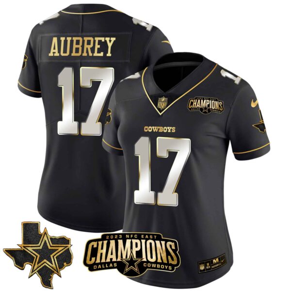 Women’s Cowboys 2023 NFC East Champions Patch Gold Vapor Jersey – All Stitched – Black Limited – Brandon Aubrey