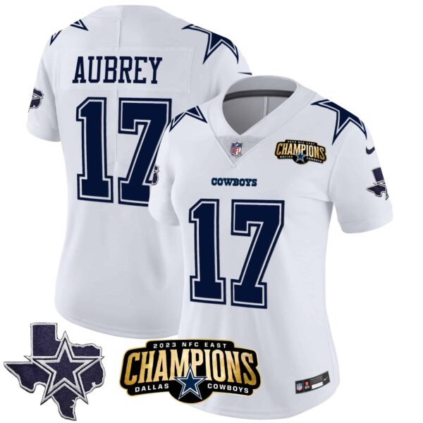 Women’s Cowboys 2023 NFC East Champions Patch Vapor Jersey – All Stitched – White – Brandon Aubrey