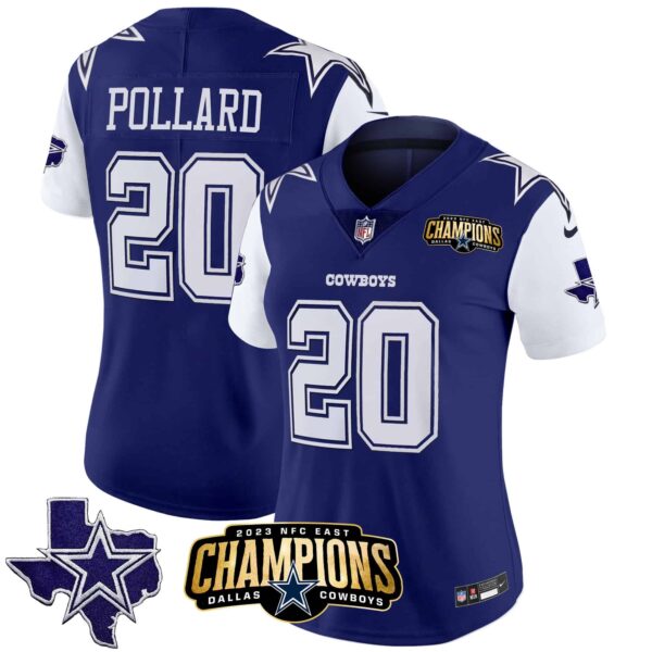 Women’s Cowboys 2023 NFC East Champions Patch Vapor Jersey – All Stitched – Royal – Tony Pollard