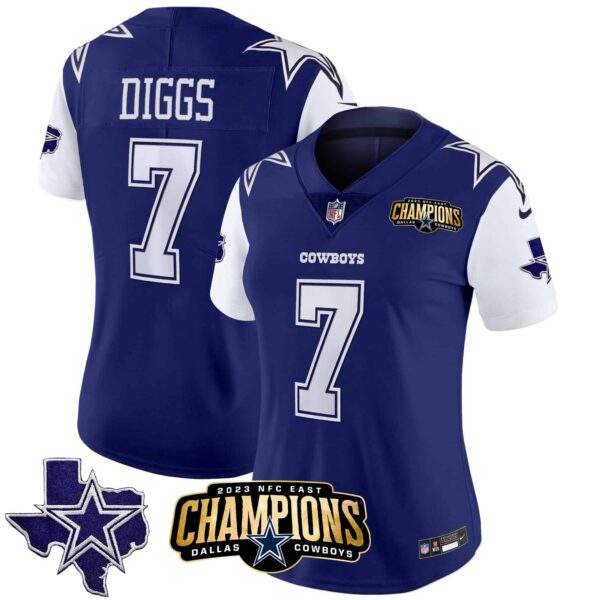 Women’s Cowboys 2023 NFC East Champions Patch Vapor Jersey – All Stitched – Royal – Trevon Diggs