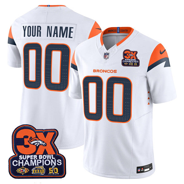 Denver Broncos ACTIVE PLAYER Custom White 2024 FUSE 3 Time Champions Throwback Vapor Limited Stitched Football Jersey