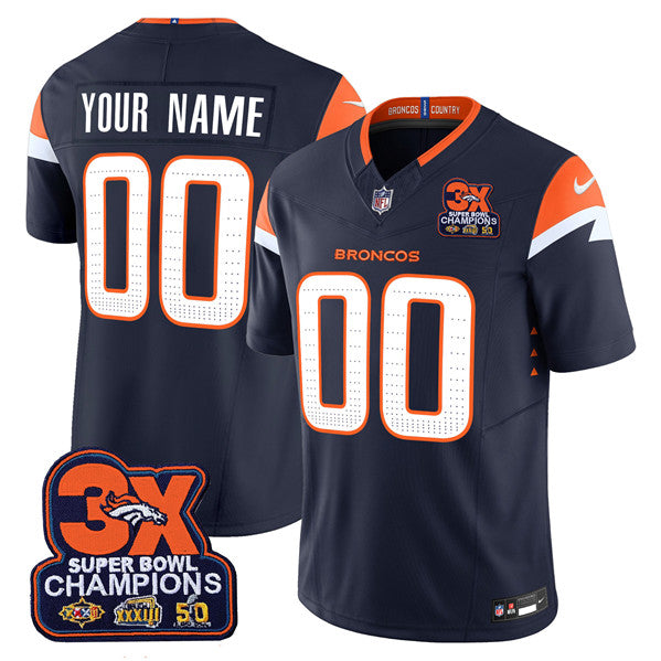 Denver Broncos ACTIVE PLAYER Custom Navy 2024 FUSE 3 Time Champions Throwback Vapor Limited Stitched Football Jersey