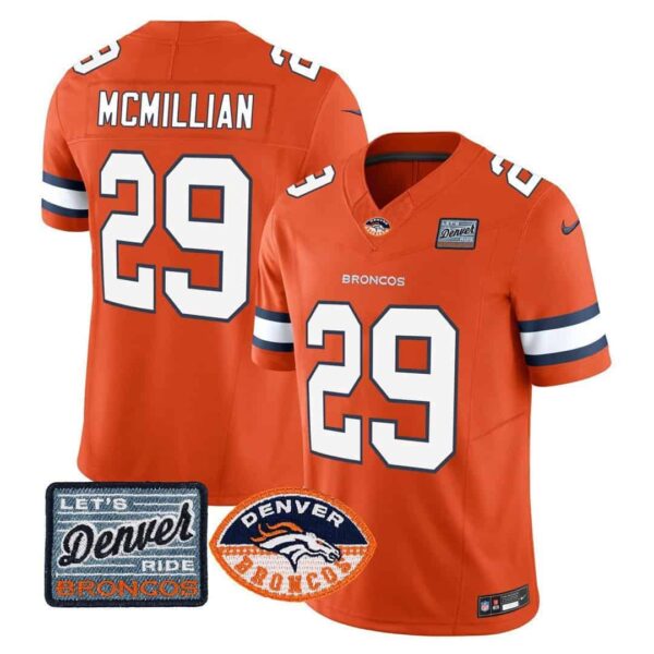 Men’s Denver Broncos Logo Patch Limited Jersey – All Stitched – Orange – Ja’Quan McMillian