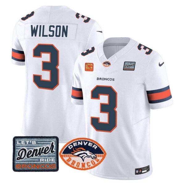 Men’s Denver Broncos Logo Patch Limited Jersey – All Stitched – White – Russell Wilson