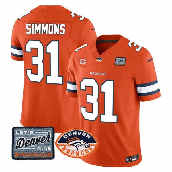 Men’s Denver Broncos Logo Patch Limited Jersey – All Stitched – Orange – Justin Simmons
