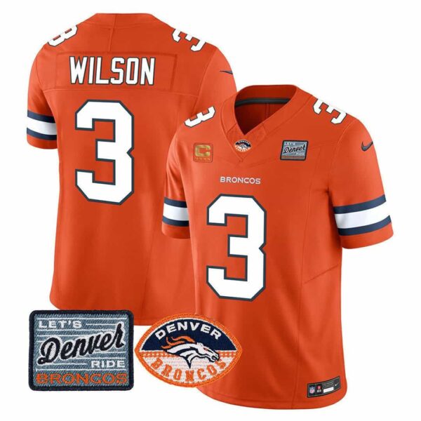 Men’s Denver Broncos Logo Patch Limited Jersey – All Stitched – Orange – Russell Wilson