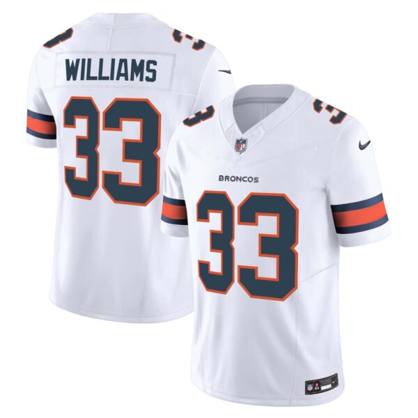 Men’s Denver Broncos Vapor Limited Jersey – All Stitched – White – Javonte Williams