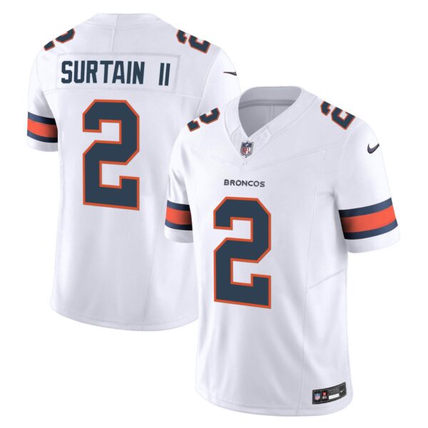 Men’s Denver Broncos Vapor Limited Jersey – All Stitched – White – Patrick Surtain II
