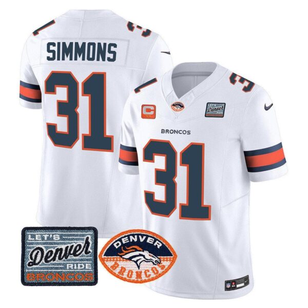 Men’s Denver Broncos Logo Patch Limited Jersey – All Stitched – White – Justin Simmons