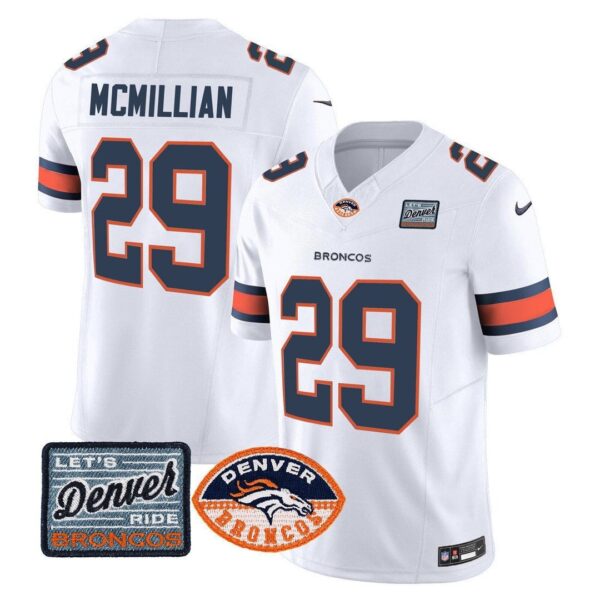 Men’s Denver Broncos Logo Patch Limited Jersey – All Stitched – White – Ja’Quan McMillian