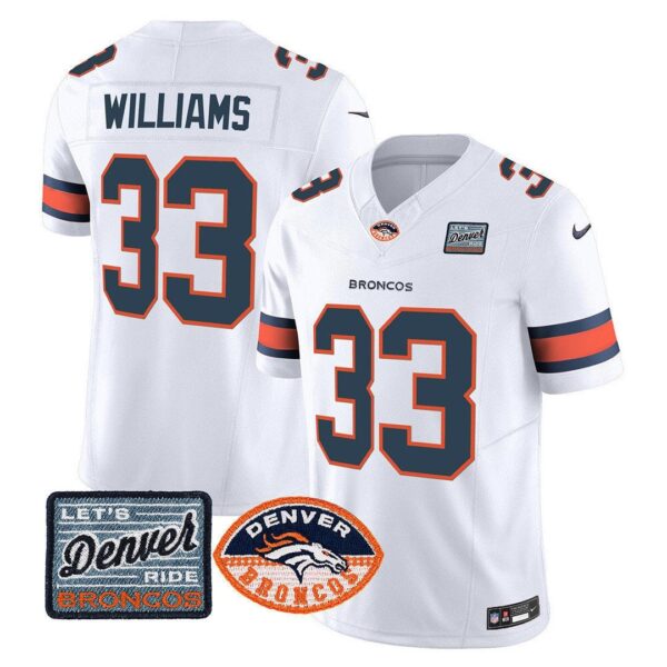 Men’s Denver Broncos Logo Patch Limited Jersey – All Stitched – White – Javonte Williams