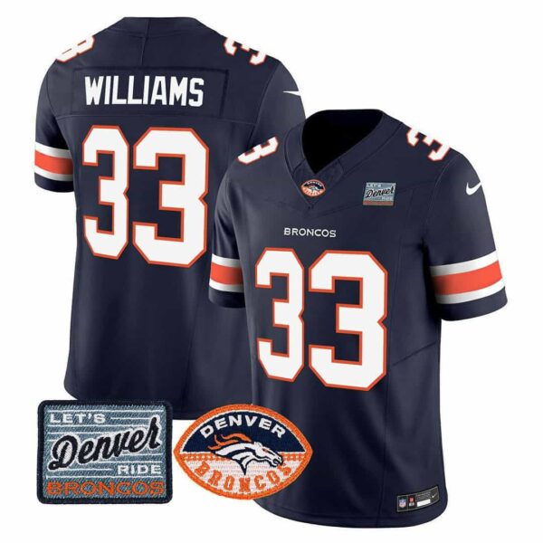 Men’s Denver Broncos Logo Patch Limited Jersey – All Stitched – Navy – Javonte Williams