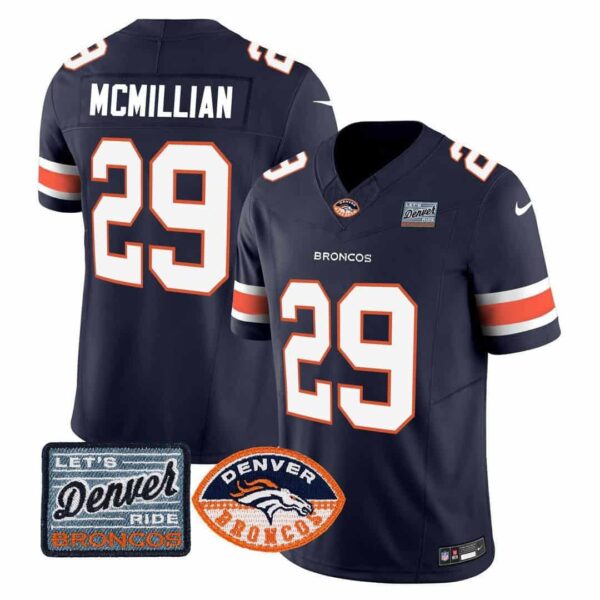 Men’s Denver Broncos Logo Patch Limited Jersey – All Stitched – Navy – Ja’Quan McMillian