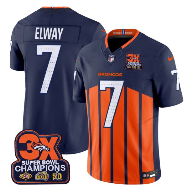 Denver Broncos 3-Time Champions Patch Vapor Limited Jersey V2 – All Stitched – Navy Special – John Elway Jersey