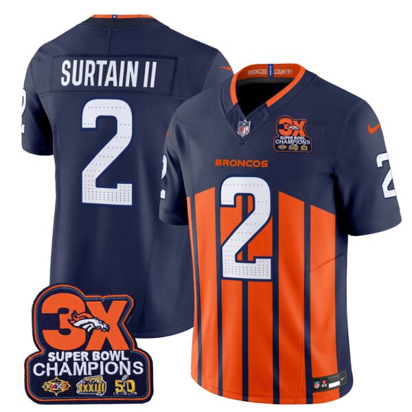 Denver Broncos 3-Time Champions Patch Vapor Limited Jersey V2 – All Stitched – Navy Special – Patrick Surtain II Jersey