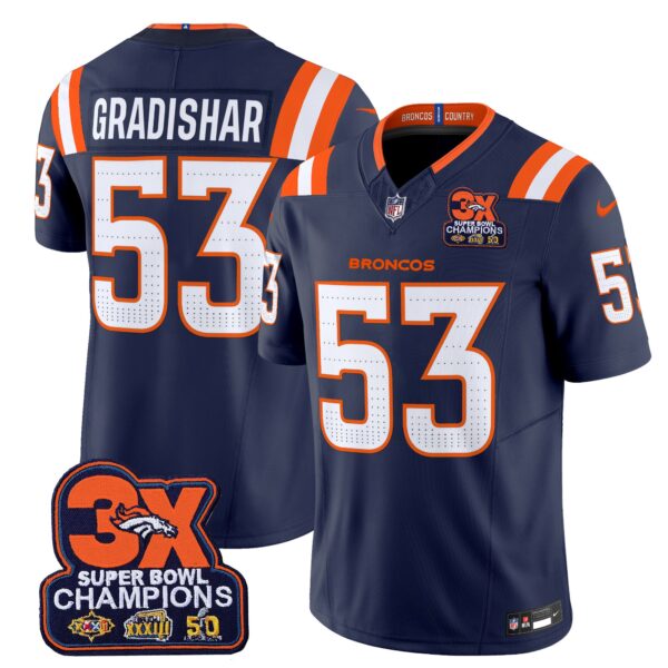 Denver Broncos 3-Time Champions Patch Vapor Limited Jersey V2 – All Stitched – Navy – Randy Gradishar Jersey