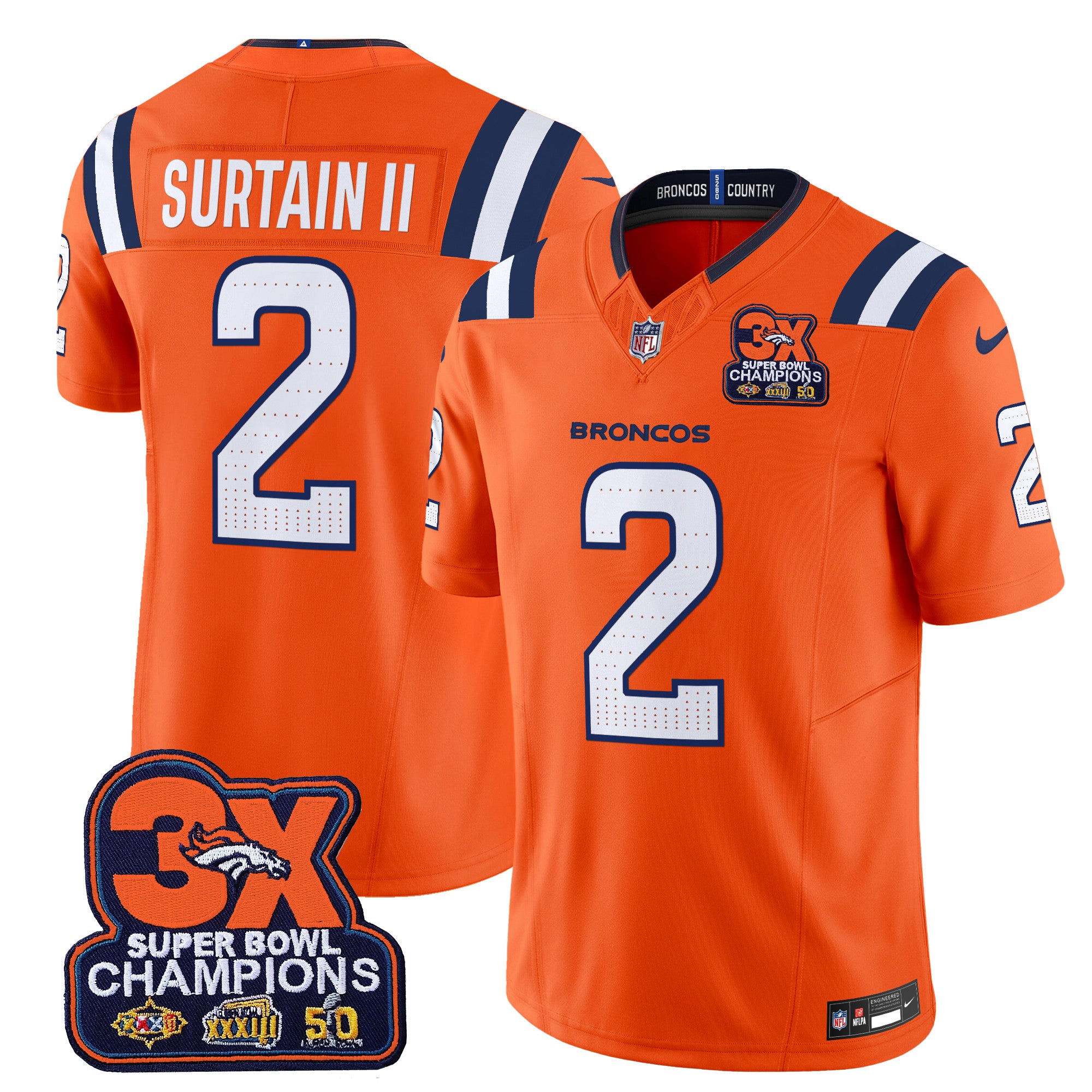 Denver Broncos 3-Time Champions Patch Vapor Limited Jersey V2 – All Stitched – Orange – Patrick Surtain II Jersey